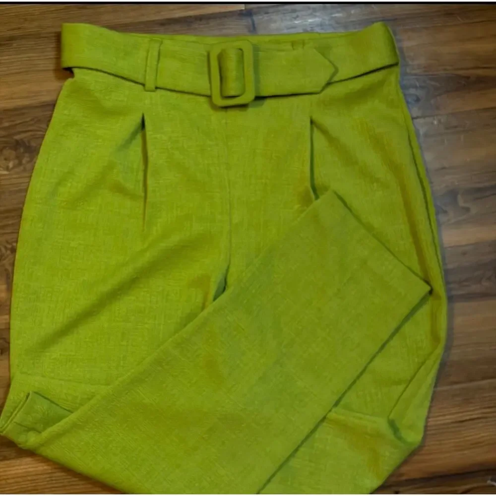 Lime Green High-Waisted Tapered Pants with Belt | Statement Trouser